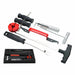 Set of car repair tools including a tire pressure gauge, wrenches, and other automotive tools on a white background.