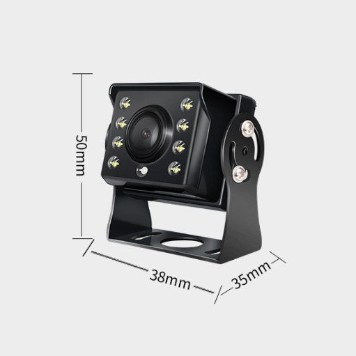 Black car rear-view backup camera with LED lights, shown with dimension annotations of 50mm height, 38mm width, and 35mm depth on a light gray background.