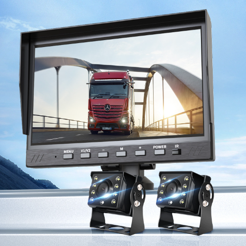 Car monitor with two rearview cameras on a clear sky background