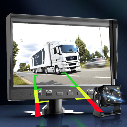 Monitor displaying a truck on a road with a camera in front