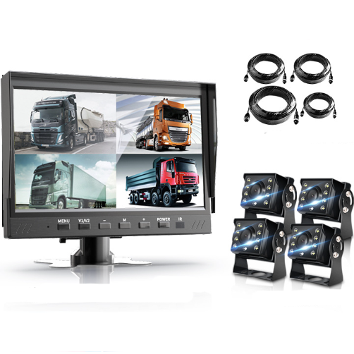 Monitor with four camera views of trucks, cables, and additional cameras on a white background