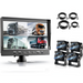 Monitor with four camera views of trucks, cables, and additional cameras on a white background