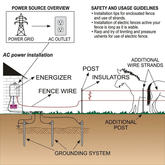 A technical diagram showing an AC power installation for an electric fence, with labeled parts including power grid, AC outlet, energizer, fence wire, post, insulators, additional wire strands, grounding system, and safety/usage guidelines text.
