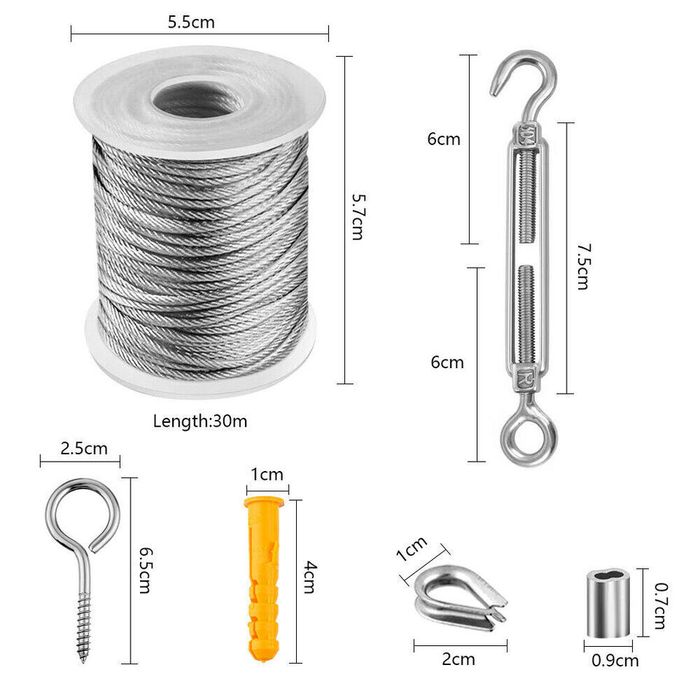 30M Stainless Steel Wire Rope Cable Kit with Turnbuckles & Hooks