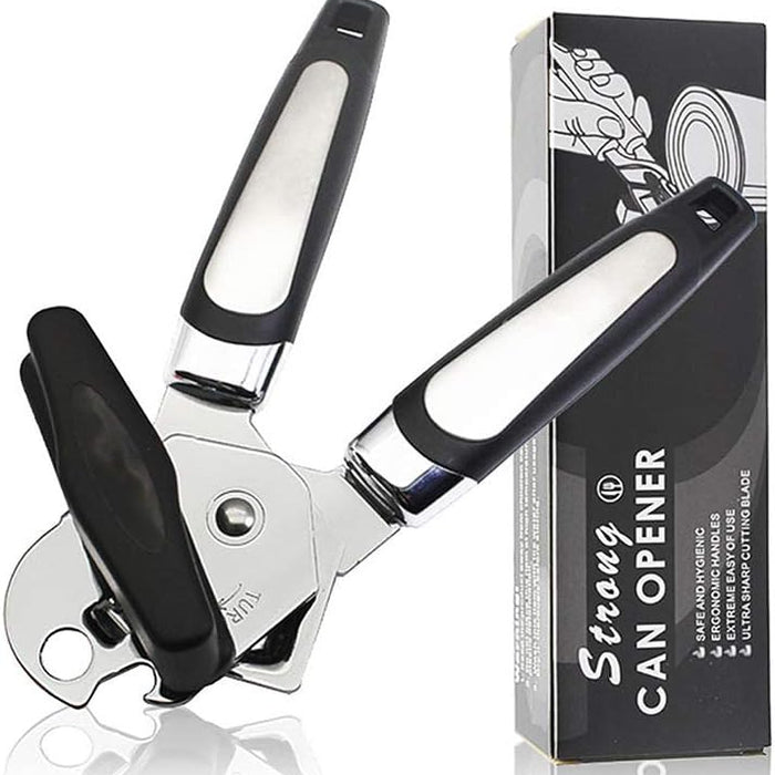 A 3-in-1 can opener with stainless steel body and black plastic handle, displayed alongside its packaging box.