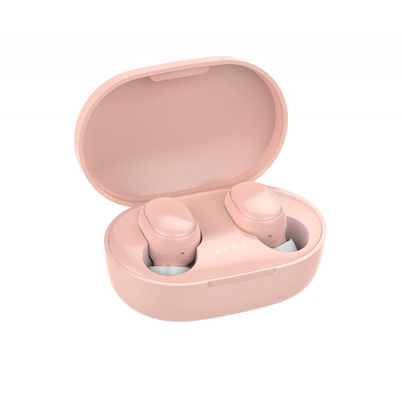 A pair of pink true wireless earpods in an open charging case.