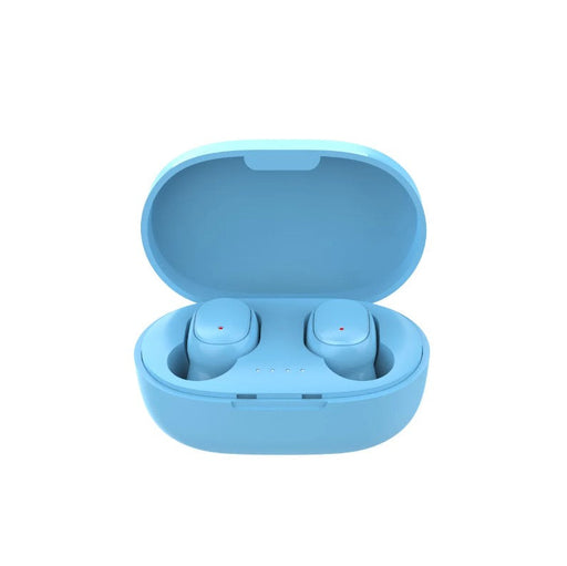 A pair of blue true wireless earpods in an open charging case.