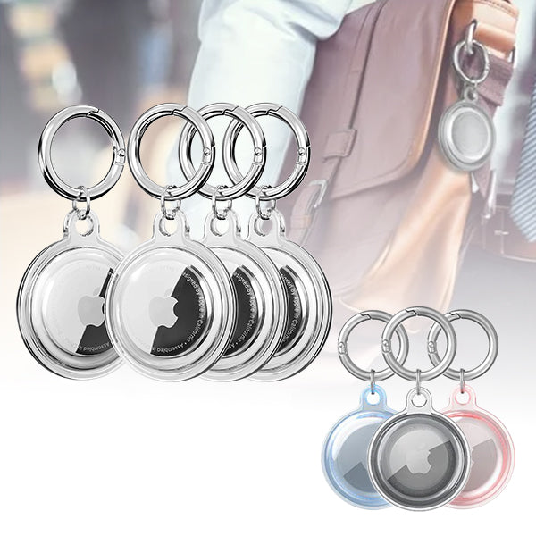 A set of four waterproof air tag cases in black, white, red, and blue colors, with a keychain design and a silicone material appearance.