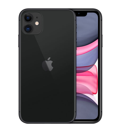 The image shows the back and front view of an Apple iPhone 11 in black color, highlighting its dual camera system and the Liquid Retina display.