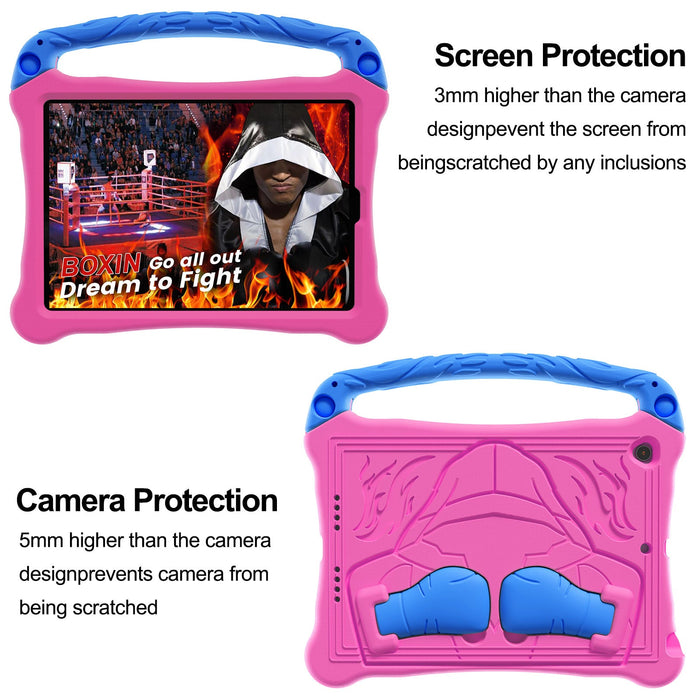 Pink and blue tablet case with screen and camera protection features on a white background