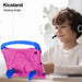 Child using a pink and blue tablet stand with 'Kicstand' branding