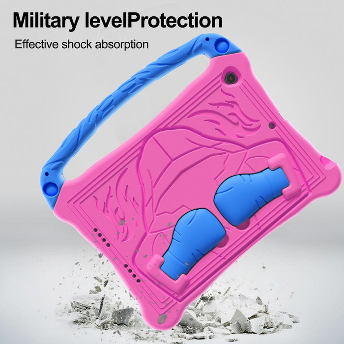 Pink and blue tablet case with military level protection and shock absorption features.