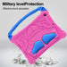 Pink and blue tablet case with military level protection and shock absorption features.