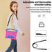 Girl with a pink and blue bag wearing an adjustable shoulder strap against a beige background