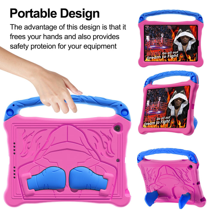 Pink and blue tablet case with handles, showing a child's hand holding it, and two views of the case on tablets.