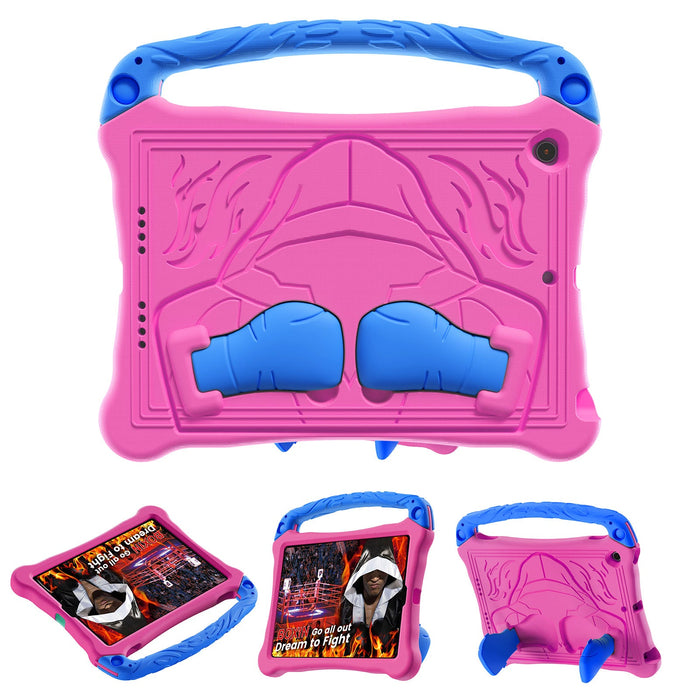 Pink and blue tablet case with a handle on a white background