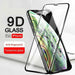 9D glass screen protector for iPhone with anti-fingerprint and tempered glass features on a white background.