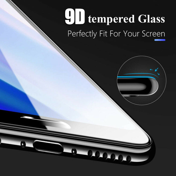 9D tempered glass screen protector for Iphone with text on a black background