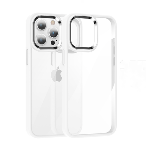 Clear phone case with camera protection for an Apple device on a white background