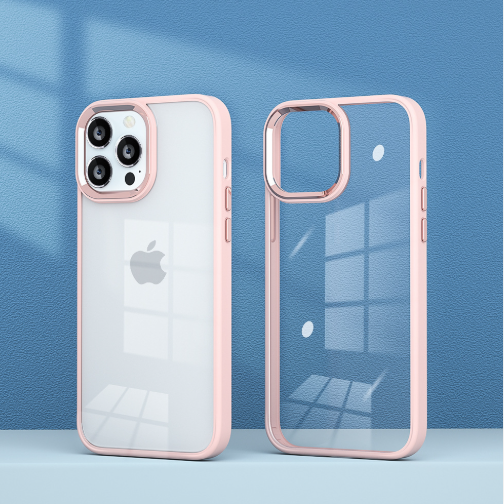 Phone case with rose gold frame and clear back on a blue background