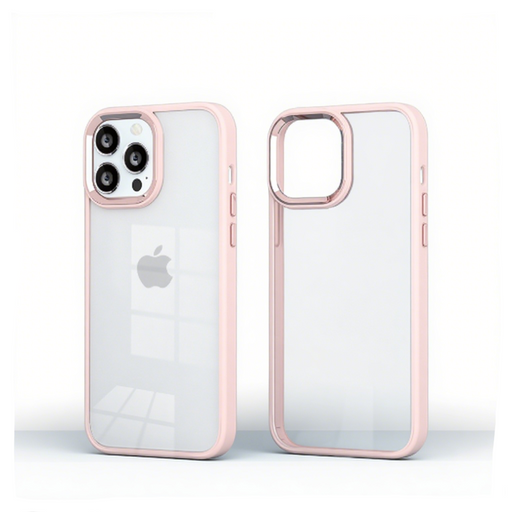 Two clear phone cases with light pink borders shown on a white background, one displaying the back with a visible Apple logo and the other showing the side profile.