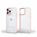 Two clear phone cases with light pink borders shown on a white background, one displaying the back with a visible Apple logo and the other showing the side profile.