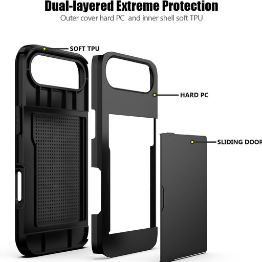 Black phone case with hard PC and soft TPU layers, sliding door feature, on a white background.