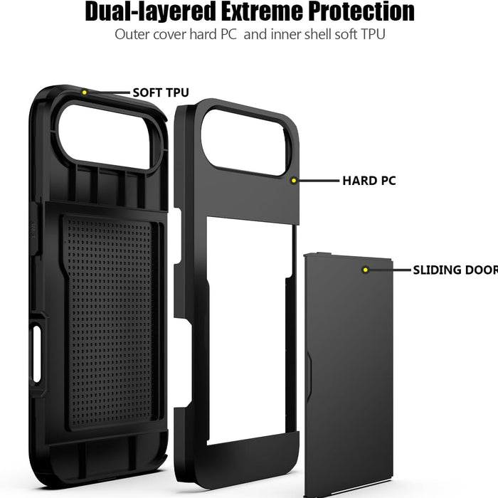Black phone case with hard PC and soft TPU layers, sliding door feature, on a white background.