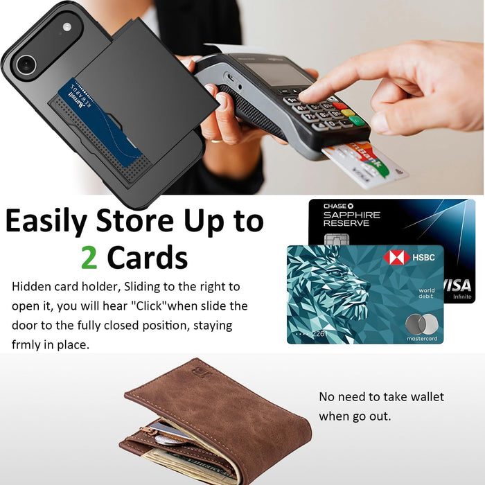 Card holder with card reader and cards displayed, with text about card storage capacity and features.