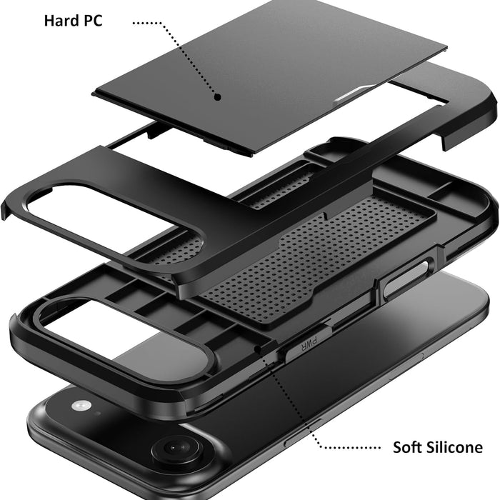Layers of a phone case with hard PC and soft silicone components labeled.