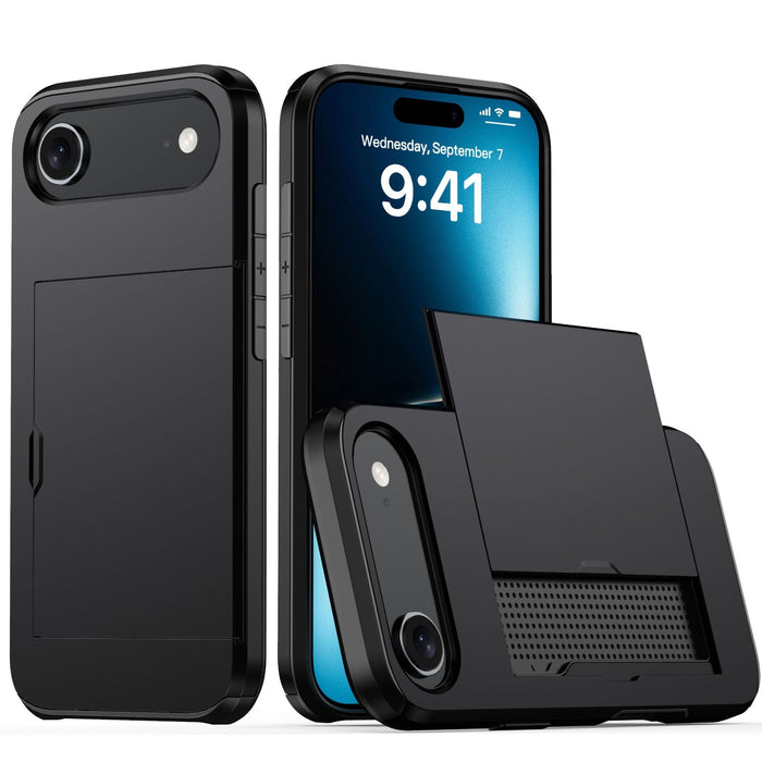 Black phone case with stand feature on a white background
