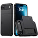 Black phone case with stand feature on a white background