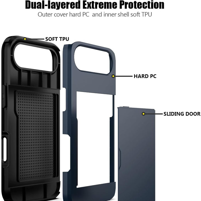 Phone case with dual-layered design featuring hard PC and soft TPU, labeled on a white background.