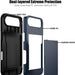 Phone case with dual-layered design featuring hard PC and soft TPU, labeled on a white background.