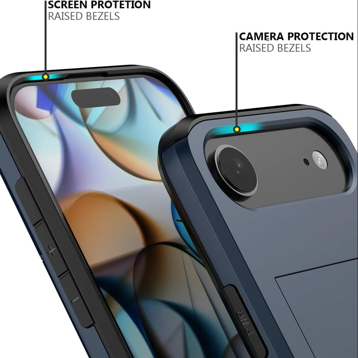 Phone case with screen and camera protection features highlighted