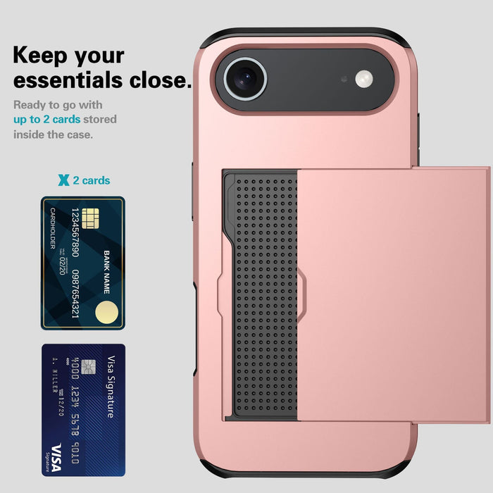 Phone case with card slots and text 'Keep your essentials close' on a gray background