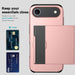 Phone case with card slots and text 'Keep your essentials close' on a gray background