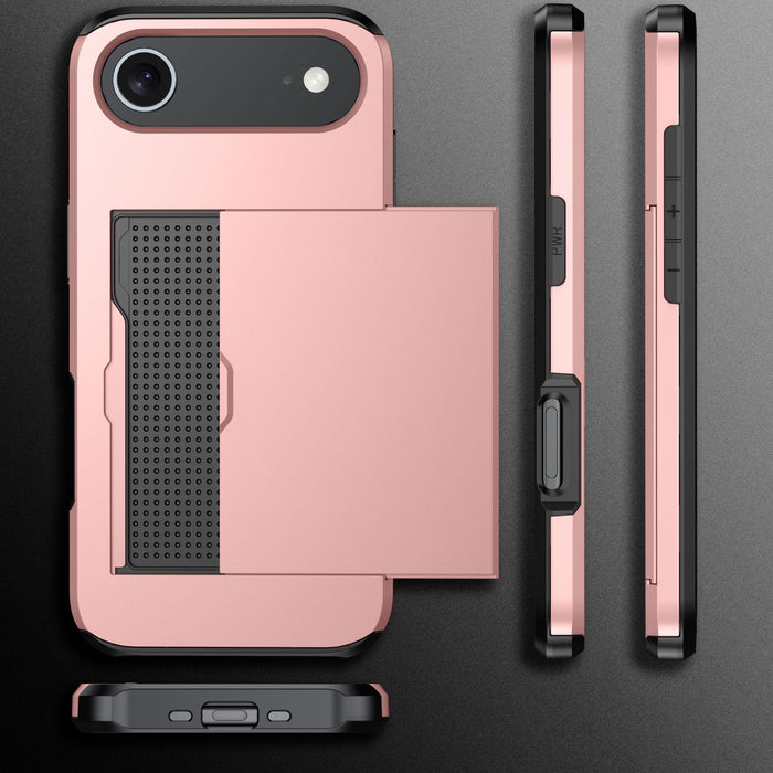 Rose gold phone case with black accent on a gray background