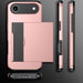 Rose gold phone case with black accent on a gray background