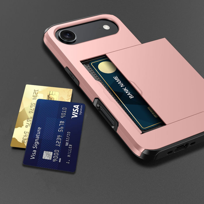 Phone case with card slots holding two credit cards on a dark background