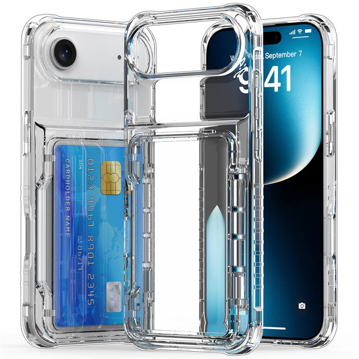 Clear phone case with card holder and smartphone displaying a blue screen.
