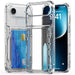 Clear phone case with card holder and smartphone displaying a blue screen.