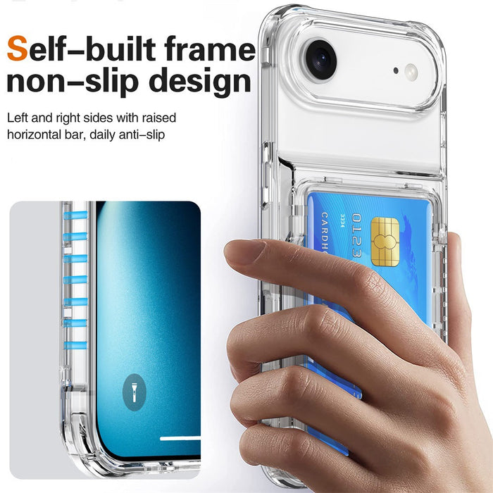 Phone case with non-slip design held by a hand, showing card slot and phone screen.