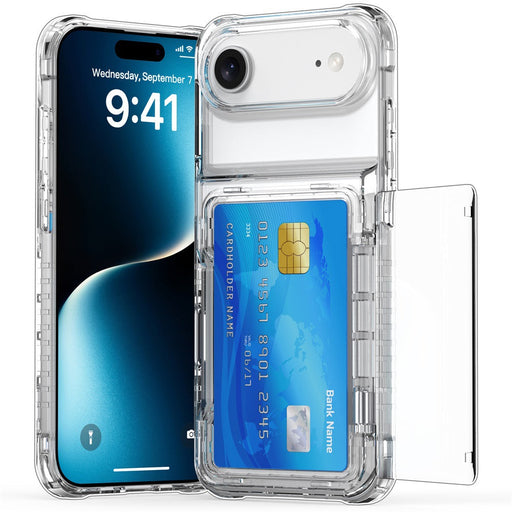 Clear phone case with card holder feature on a white background