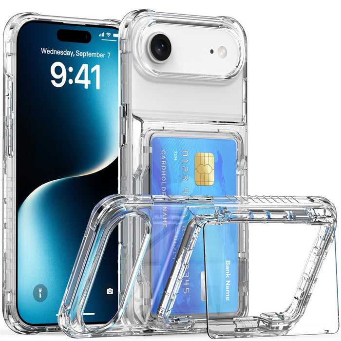 Clear phone case with card holder feature on a white background