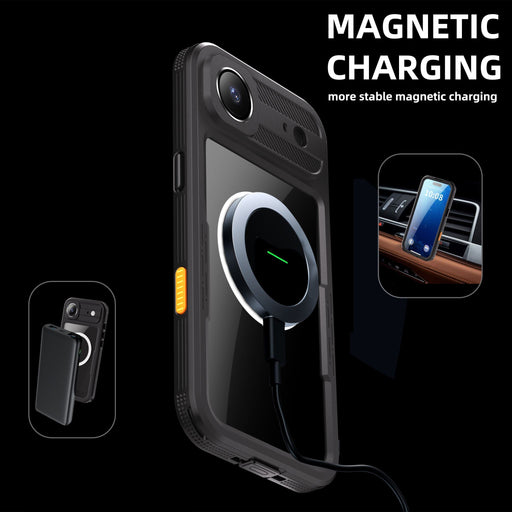 Phone case with magnetic charging feature on a black background