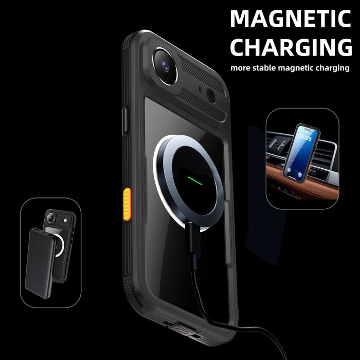 Phone case with magnetic charging feature on a black background