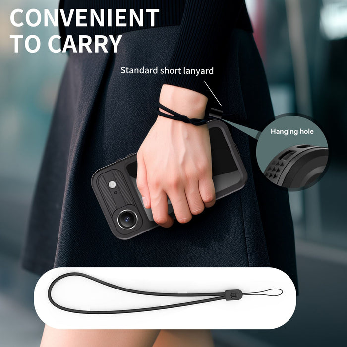 Person holding a phone case with a lanyard, emphasizing convenience.