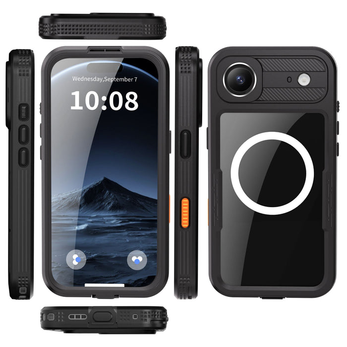 Black phone case with multiple views on a white background