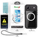 Phone case with cleaning cloth, manual, and lanyard on a white background